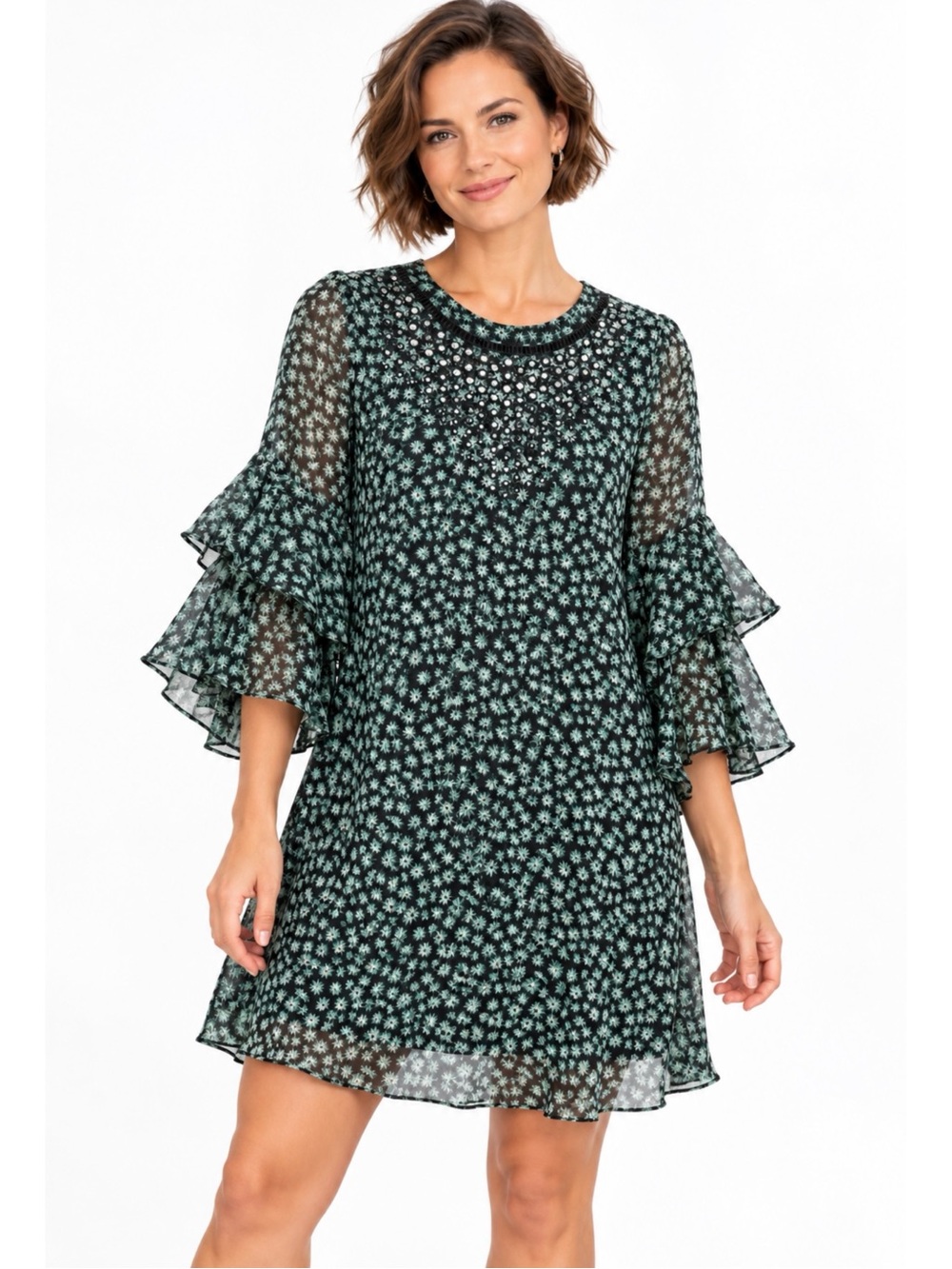 NWT ANTHROPOLOGIE RANNA GILL | Floral Ruffle Sleeve Tiered Shift Dress Small